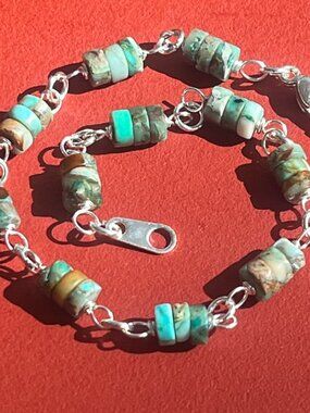 African Turquoise Bracelet | Boho Heishi Bead Silver Bracelet | Earthy Gemstone